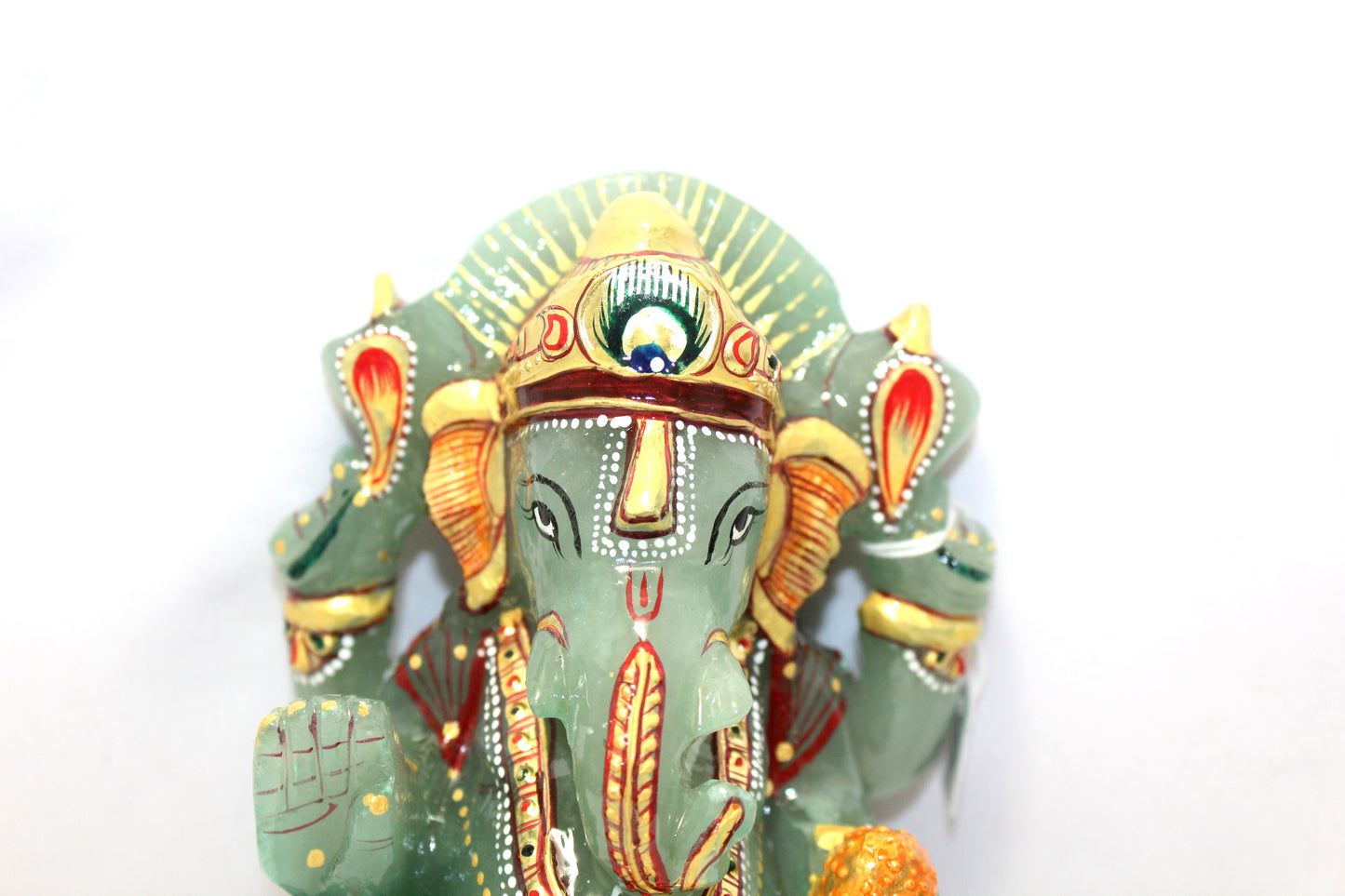 Aventurine Idol Statue Ganesha Ganesh Figurine Figure Green Natural Jade Gem Stone God Hindu Religious Hand Paint Painted Gemstone Gift Handmade Home Decor F886