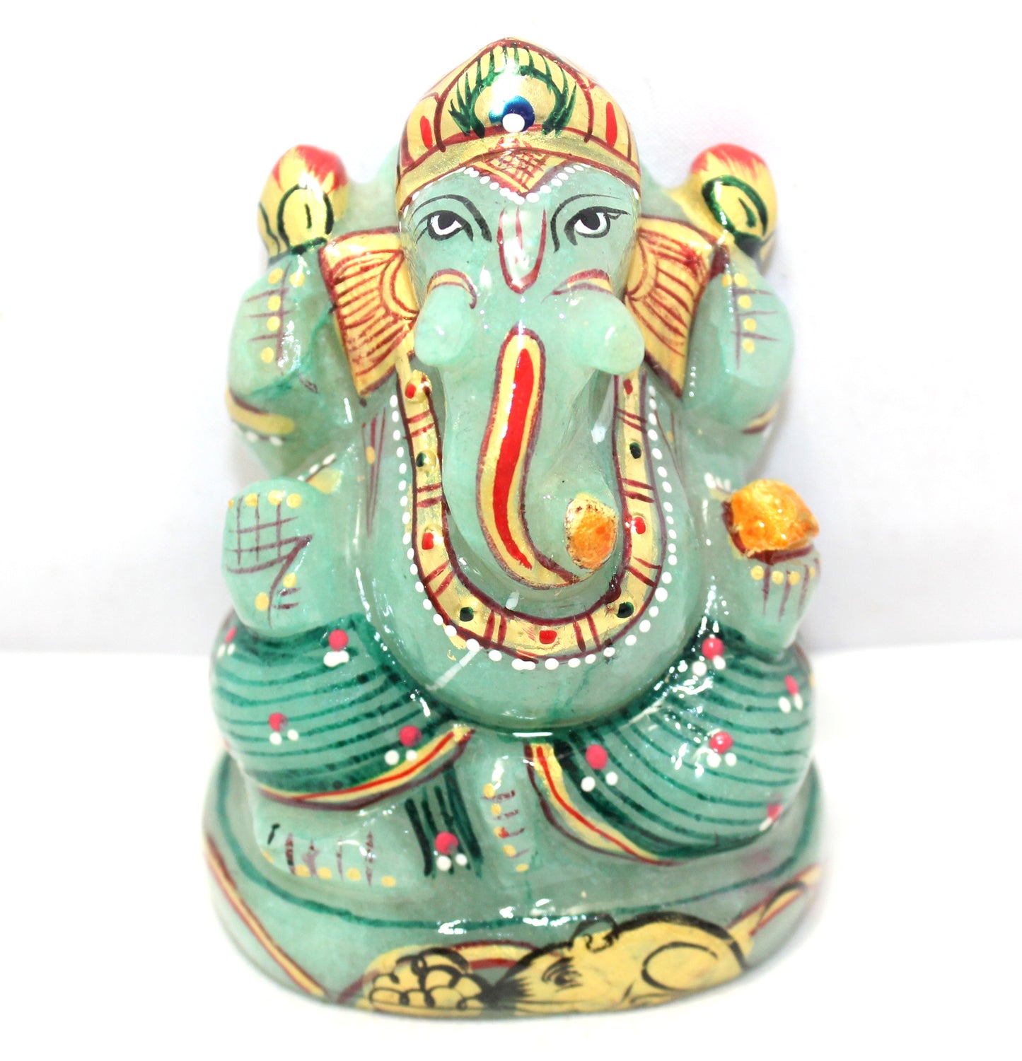 Aventurine Idol Statue Ganesha Ganesh Figurine Figure Green Natural Jade Gem Stone God Hindu Religious Hand Paint Painted Gemstone Gift Handmade Home Decor F893