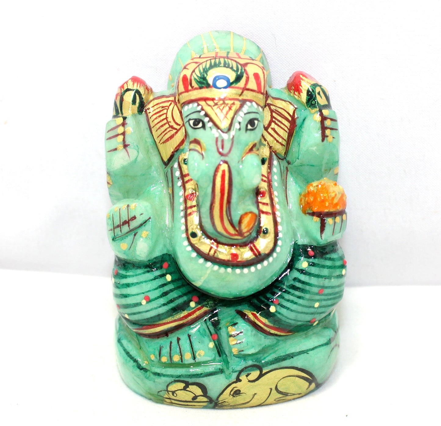 Aventurine Idol Statue Ganesha Ganesh Figurine Figure Green Natural Jade Gem Stone God Hindu Religious Hand Paint Painted Gemstone Gift Handmade Home Decor F896