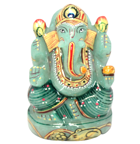 Aventurine Idol Statue Ganesha Ganesh Figurine Figure Green Natural Jade Gem Stone God Hindu Religious Hand Paint Painted Gemstone Gift Handmade Home Decor F901