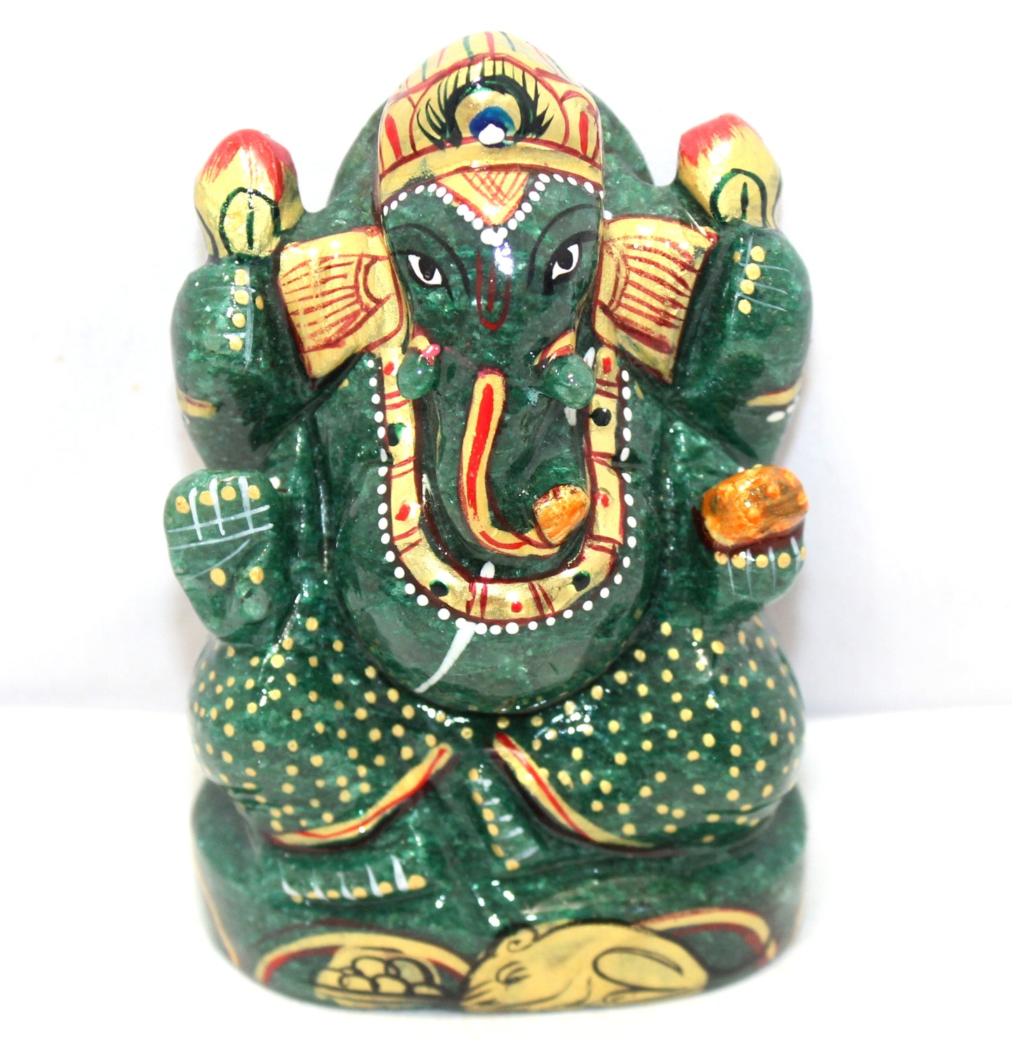 Aventurine Idol Statue Ganesha Ganesh Figurine Figure Green Natural Jade Gem Stone God Hindu Religious Hand Paint Painted Gemstone Gift Handmade Home Decor F905