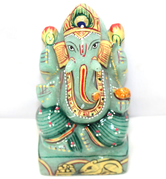 Aventurine Idol Statue Ganesha Ganesh Figurine Figure Green Natural Jade Gem Stone God Hindu Religious Hand Paint Painted Gemstone Gift Handmade Home Decor F906