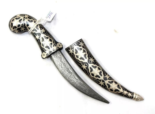 1Pc Dagger Knife Damascus Steel Blade Pure Silver Koftgari Inlay Mughal H553