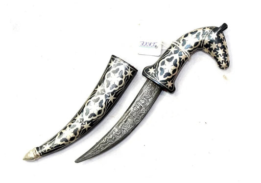 1Pc Dagger Knife Damascus Steel Blade Pure Silver Koftgari Inlay Horse Face H555