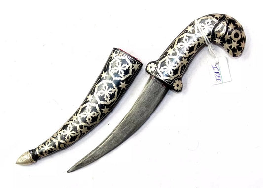 1Pc Dagger Knife Damascus Steel Blade Pure Silver Koftgari Inlay Sheep Face H554