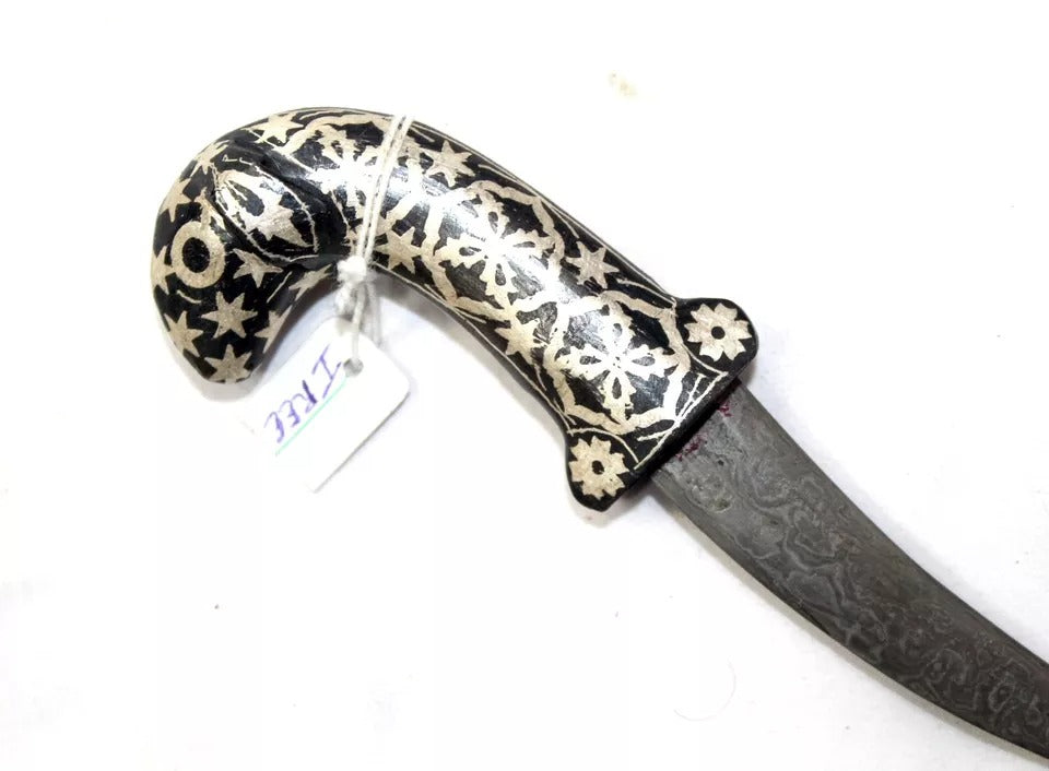 1Pc Dagger Knife Damascus Steel Blade Pure Silver Koftgari Inlay Sheep Face H554