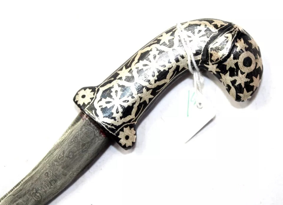 1Pc Dagger Knife Damascus Steel Blade Pure Silver Koftgari Inlay Sheep Face H554