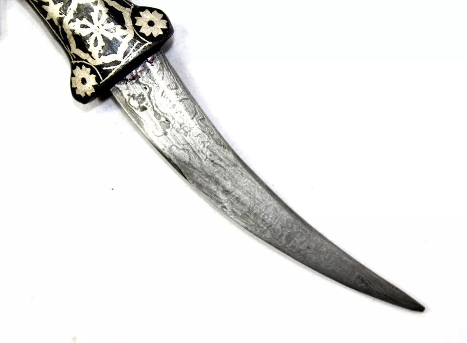 1Pc Dagger Knife Damascus Steel Blade Pure Silver Koftgari Inlay Sheep Face H554