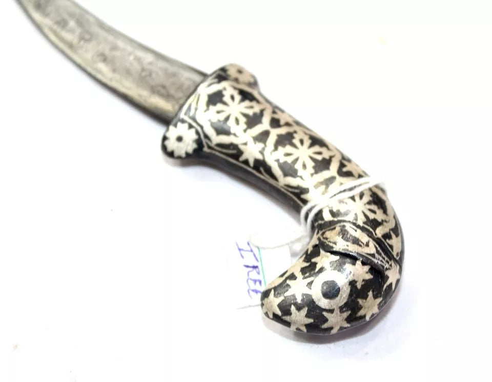 1Pc Dagger Knife Damascus Steel Blade Pure Silver Koftgari Inlay Sheep Face H554